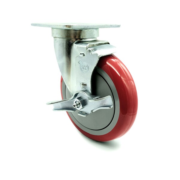 Universal Kitchen Caster - 5" Red Poly Wheel - Swivel w/Brake